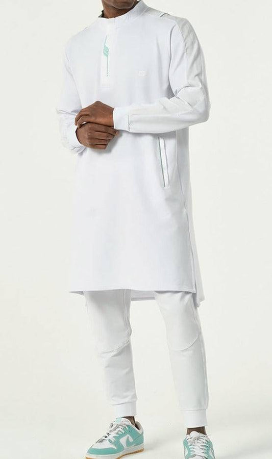 Muslim Men’s Short Jubba Kamisweat Subtil QL in White and Mint  MOOMENN Men Clothing 2120 QC SUBTIL / White and Mint / XXL Faithful Nutrition