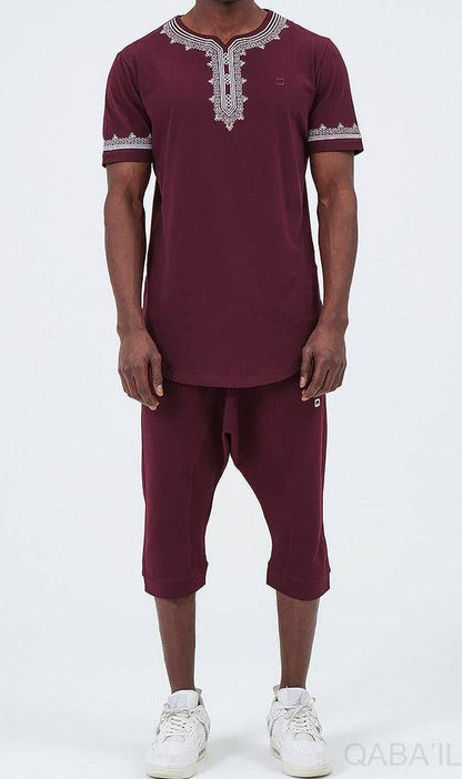 QL ETNIZ Set Relaxed Shorts and Embroidered Top in Burgundy and White  MOOMENN Men Clothing  Faithful Nutrition