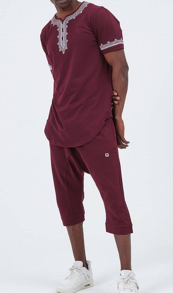 QL ETNIZ Set Relaxed Shorts and Embroidered Top in Burgundy and White  MOOMENN Men Clothing 30E ENSEMBLE ETNIZ BRODE / Burgundy and White / XX Faithful Nutrition