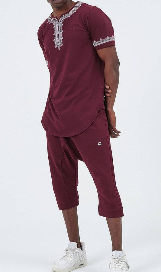 QL ETNIZ Set Relaxed Shorts and Embroidered Top in Burgundy and White  MOOMENN Men Clothing 30E ENSEMBLE ETNIZ BRODE / Burgundy and White / XX Faithful Nutrition