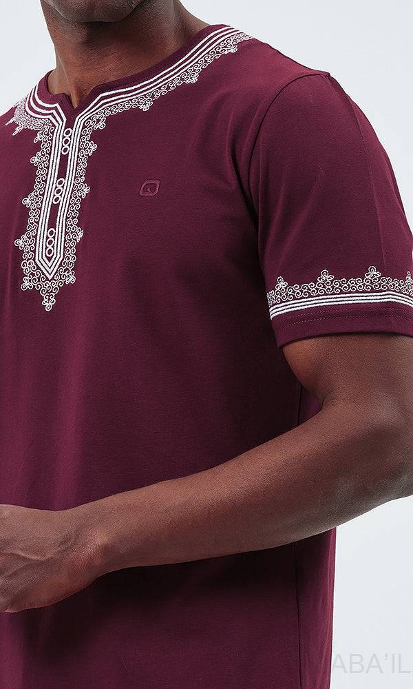 QL ETNIZ Set Relaxed Shorts and Embroidered Top in Burgundy and White  MOOMENN Men Clothing  Faithful Nutrition