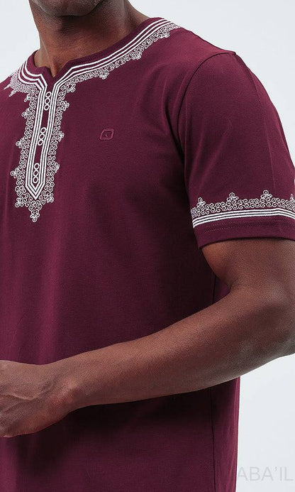 QL ETNIZ Set Relaxed Shorts and Embroidered Top in Burgundy and White  MOOMENN Men Clothing  Faithful Nutrition