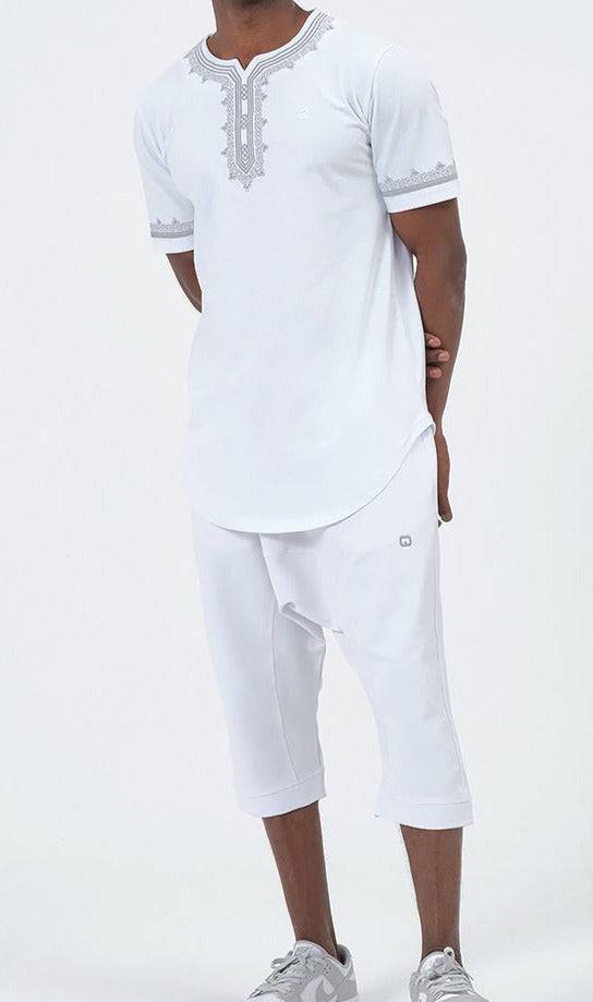 QL ETNIZ Set Relaxed Shorts and Embroidered Top in White and Grey  MOOMENN Men Clothing 30E ENSEMBLE ETNIZ BRODE / White and Grey / XXL Faithful Nutrition