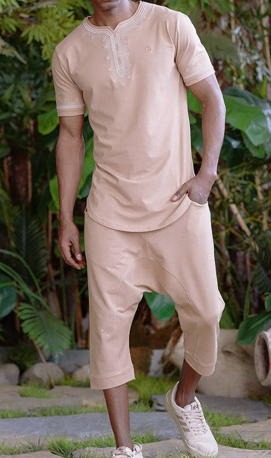 QL ETNIZ Set Relaxed Shorts and Embroidered Top in Beige and Taupe  MOOMENN Men Clothing 30E ENSEMBLE ETNIZ BRODE / Beige and Taupe / XXL Faithful Nutrition