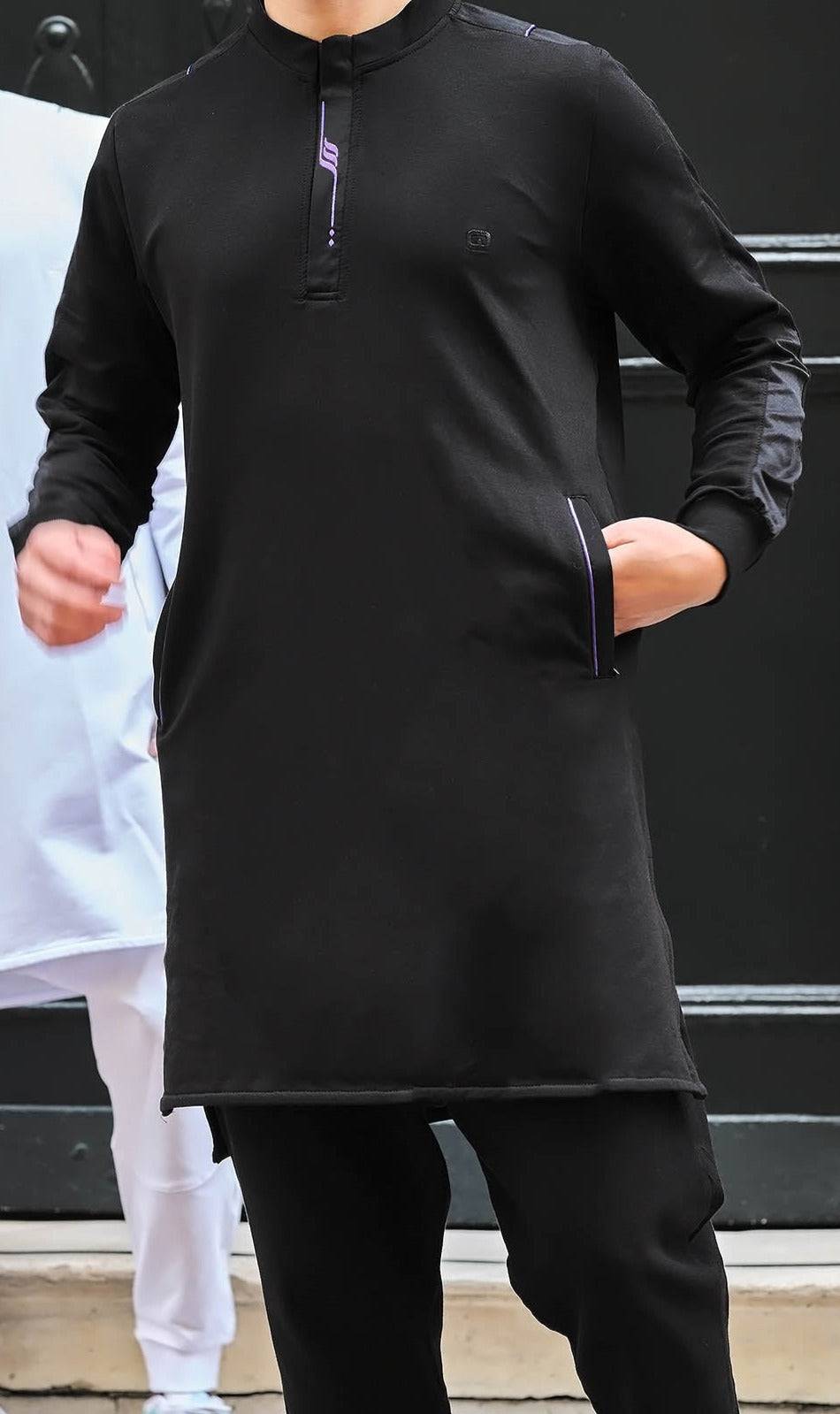 Muslim Men’s Short Jubba Kamisweat Subtil QL in Black and Violet  MOOMENN Men Clothing  Faithful Nutrition