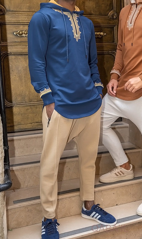 QL Longline Etniz Sweat MA in Navy Blue and Gold  MOOMENN Men Clothing  Faithful Nutrition