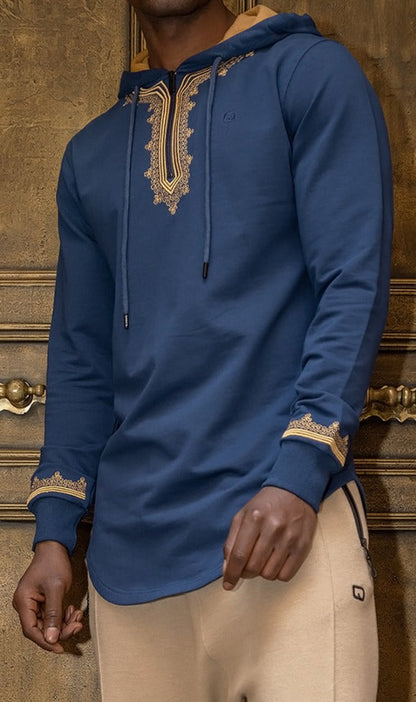 QL Longline Etniz Sweat MA in Navy Blue and Gold  MOOMENN Men Clothing 8001 SWEAT ETNIZ MA / Navy Blue and Gold / XXL Faithful Nutrition