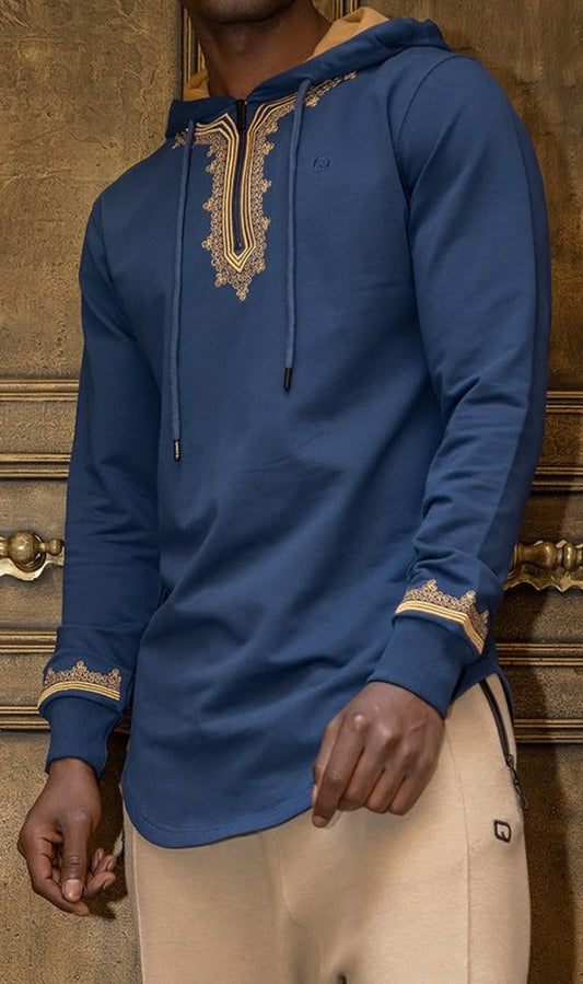 QL Longline Etniz Sweat MA in Navy Blue and Gold  MOOMENN Men Clothing 8001 SWEAT ETNIZ MA / Navy Blue and Gold / XXL Faithful Nutrition