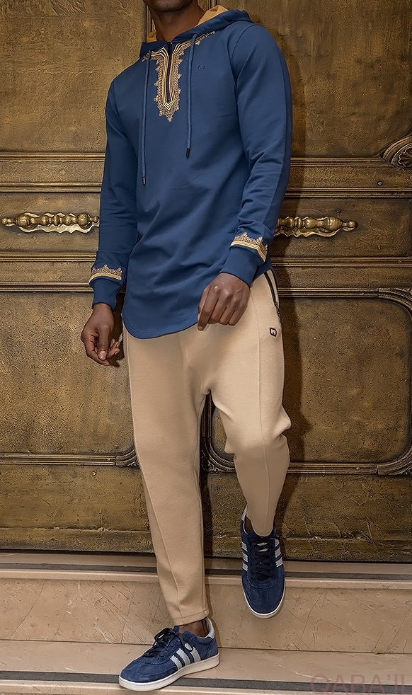 QL Longline Etniz Sweat MA in Navy Blue and Gold  MOOMENN Men Clothing  Faithful Nutrition