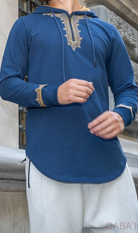 QL Longline Etniz Sweat MA in Navy Blue and Gold  MOOMENN Men Clothing  Faithful Nutrition