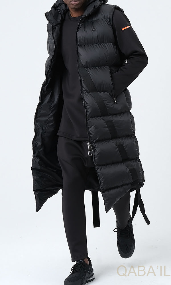 QL Sleeveless Longline Puffer Hooded Gilet Black  MOOMENN Men Clothing  Faithful Nutrition