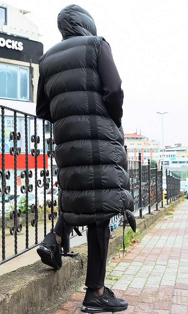 QL Sleeveless Longline Puffer Hooded Gilet Black  MOOMENN Men Clothing  Faithful Nutrition