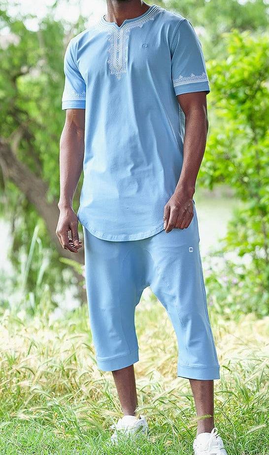 QL ETNIZ Set Relaxed Shorts and Embroidered Top in Sky Blue and White  MOOMENN Men Clothing  Faithful Nutrition