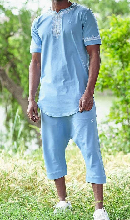 QL ETNIZ Set Relaxed Shorts and Embroidered Top in Sky Blue and White  MOOMENN Men Clothing  Faithful Nutrition