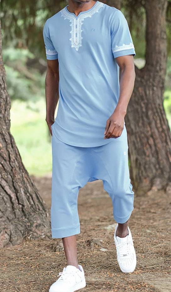 QL ETNIZ Set Relaxed Shorts and Embroidered Top in Sky Blue and White  MOOMENN Men Clothing 30E ENSEMBLE ETNIZ BRODE / Sky Blue and White / XX Faithful Nutrition