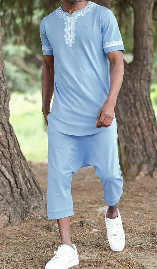 QL ETNIZ Set Relaxed Shorts and Embroidered Top in Sky Blue and White  MOOMENN Men Clothing 30E ENSEMBLE ETNIZ BRODE / Sky Blue and White / XX Faithful Nutrition
