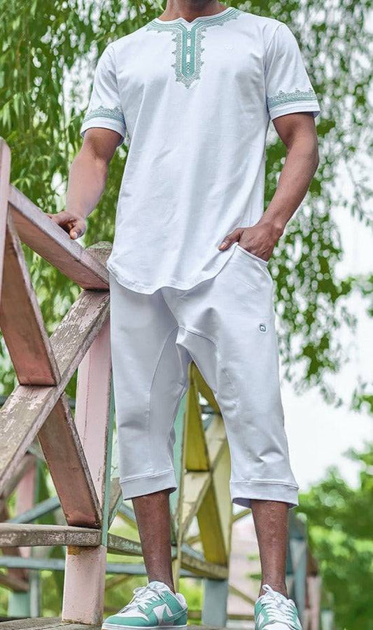 QL ETNIZ Set Relaxed Shorts and Embroidered Top in White and Almond Green  MOOMENN Men Clothing 30E ENSEMBLE ETNIZ BRODE / White and Almond Green  Faithful Nutrition