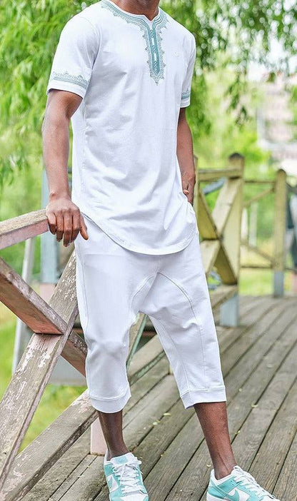 QL ETNIZ Set Relaxed Shorts and Embroidered Top in White and Almond Green  MOOMENN Men Clothing  Faithful Nutrition