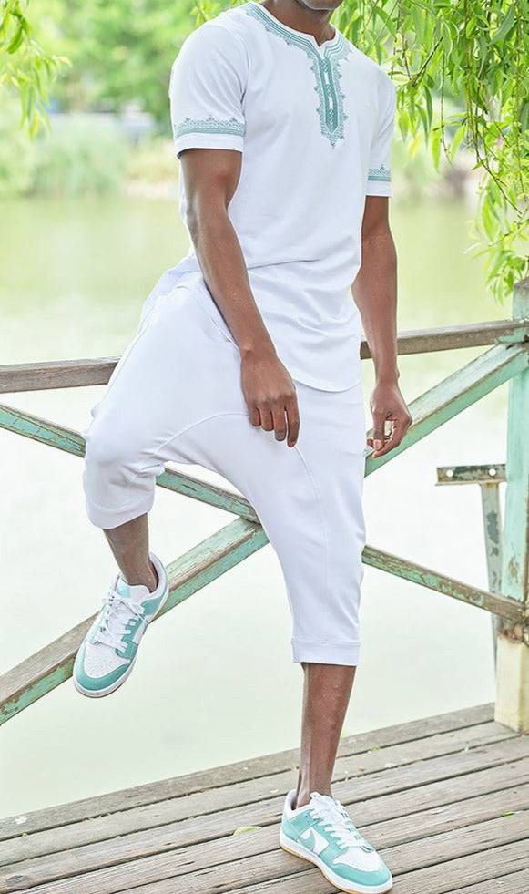 QL ETNIZ Set Relaxed Shorts and Embroidered Top in White and Almond Green  MOOMENN Men Clothing  Faithful Nutrition