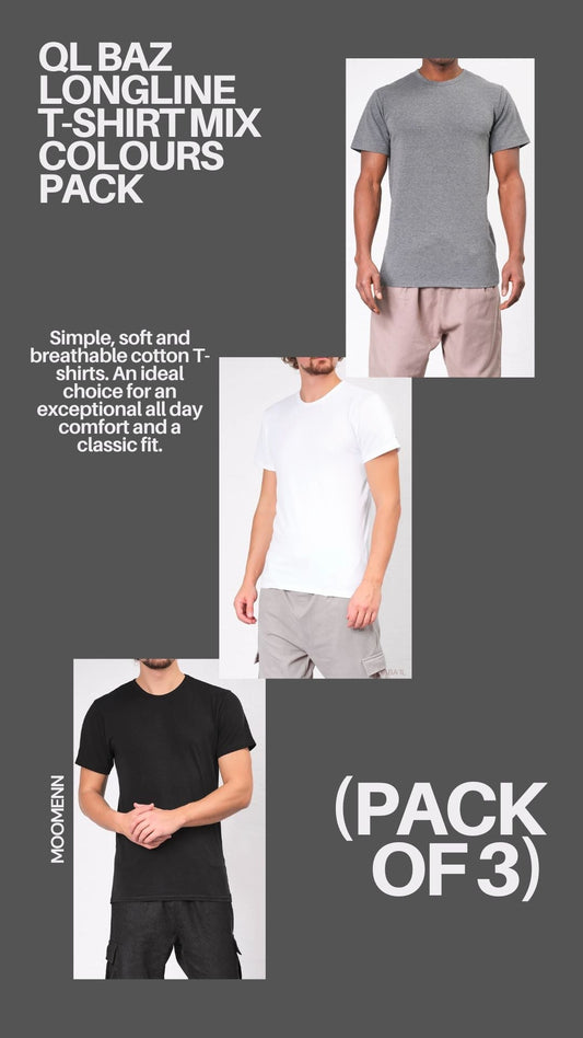 QL BAZ Longline T-Shirt Mix Colours Pack (Pack of 3)  MOOMENN Men Clothing  Faithful Nutrition