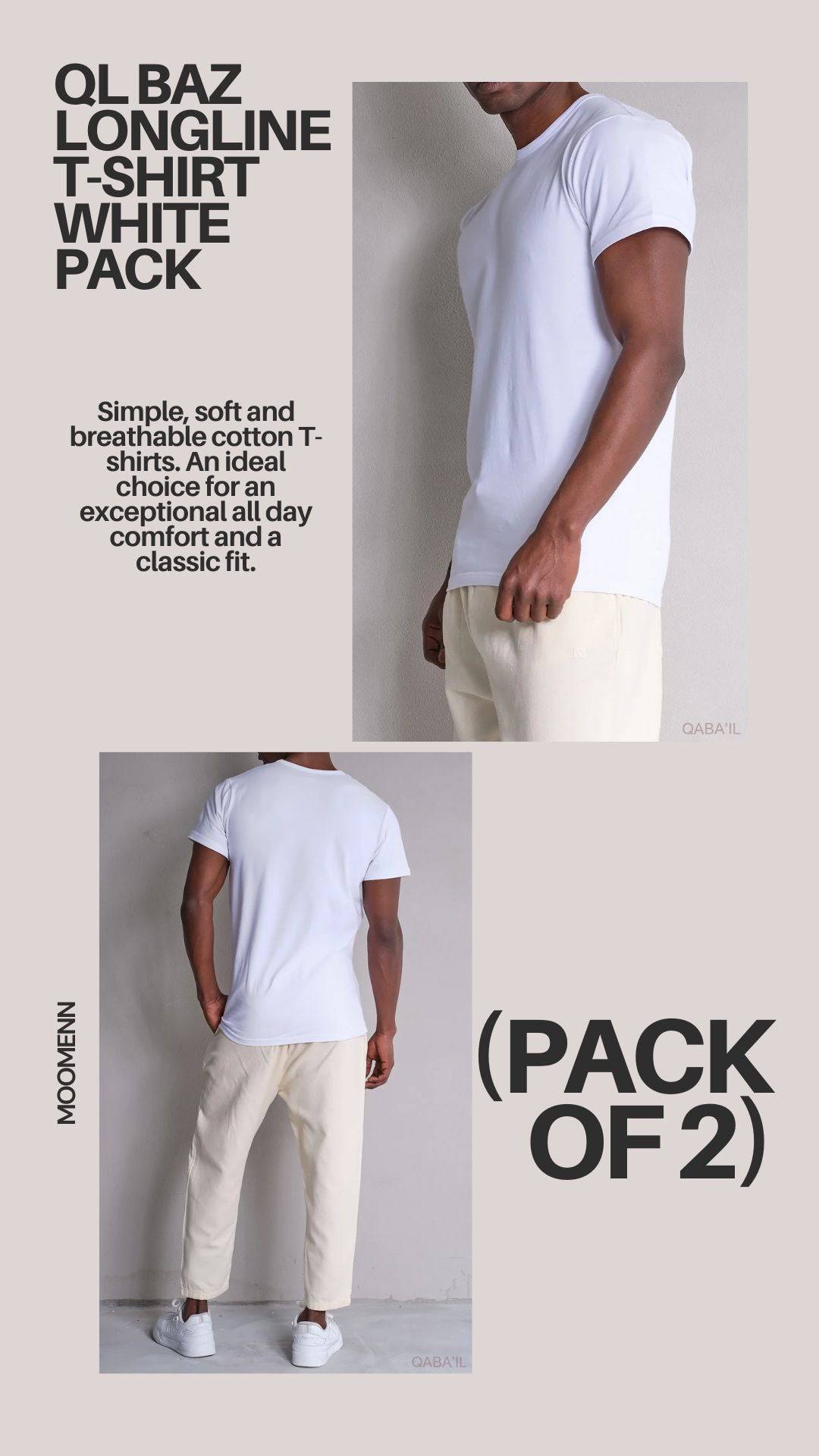 QL BAZ Longline T-Shirt White Pack (Pack of 2)  MOOMENN Men Clothing  Faithful Nutrition