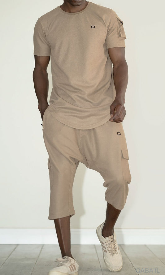 QL IGO Relaxed Cargo Shorts and T-Shirt Set in Taupe - Men Clothing - Faithful Nutrition