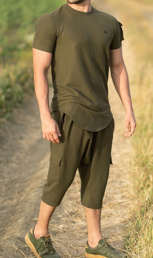 QL IGO Relaxed Cargo Shorts and T-Shirt Set in Dark Khaki - Men Clothing - Faithful Nutrition
