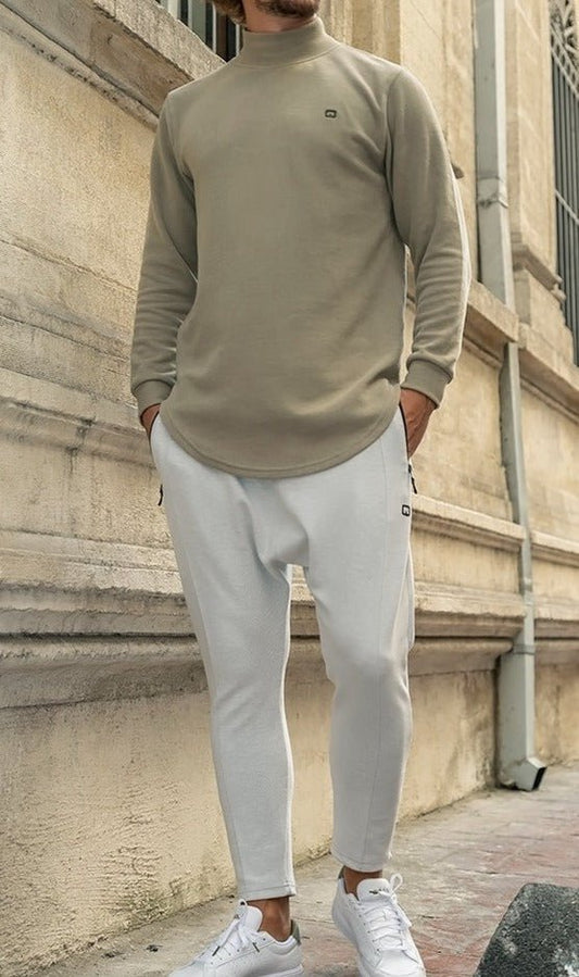 QL Longline High Collar Sweatshirt in Light Khaki - Men Clothing - Faithful Nutrition
