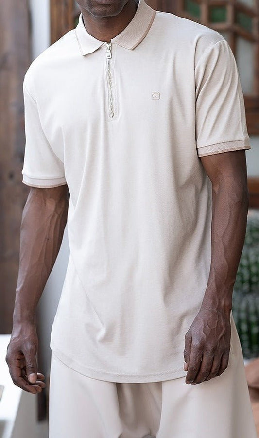 QL Relaxed Polo Zip Up in Beige - Men Clothing - Faithful Nutrition